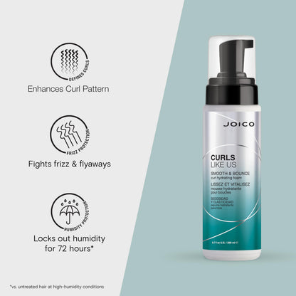 Joico Curls Like Us Smooth & Bounce Curl Hydrating Foam | For Curly Hair | Reduce Frizz | Enhance Curl Patterns | 72-Hour Humidity Protection | With Moringa Seed & Algae Oil | 6.7 Fl Oz