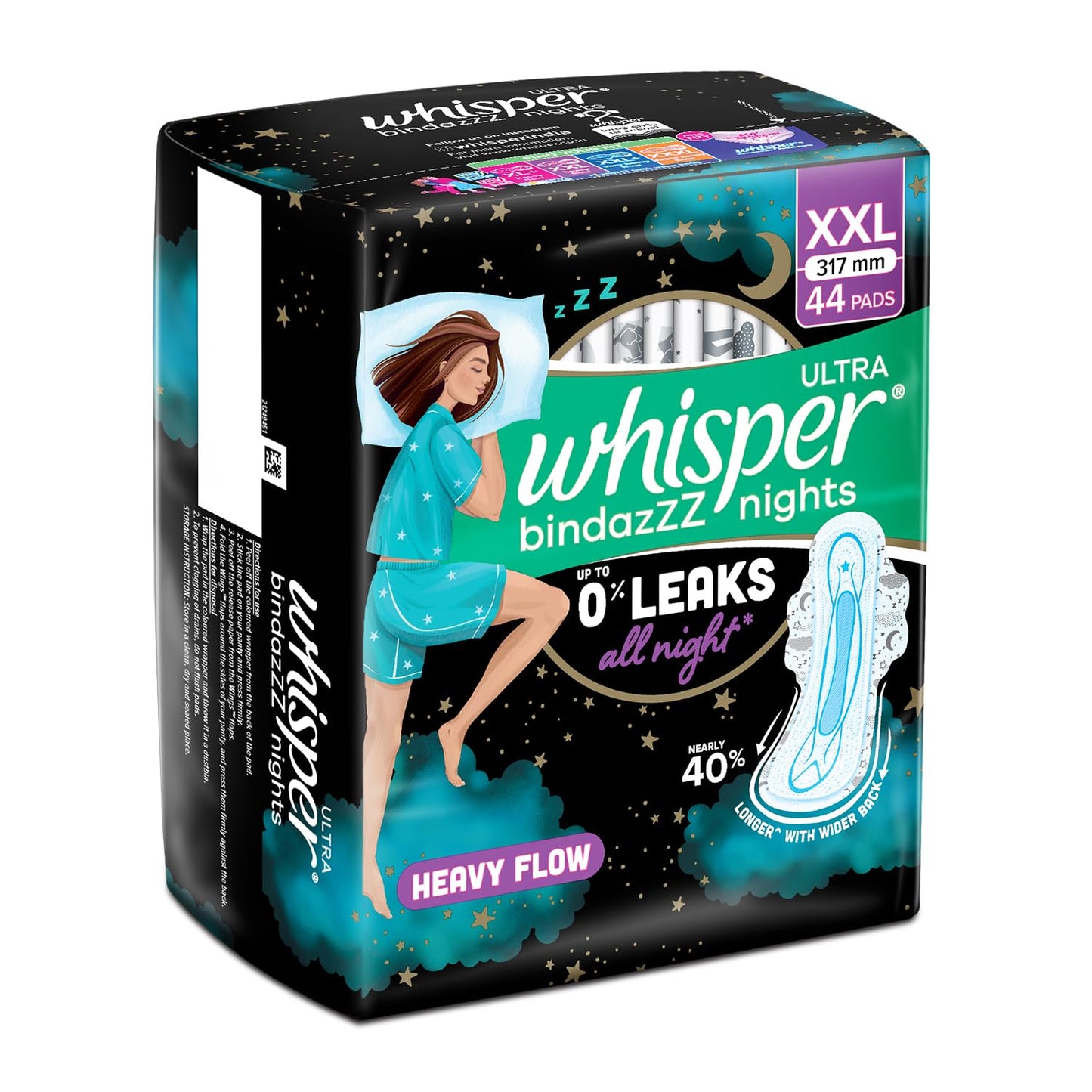 Whisper Ultra Night Sanitary Pads for Women, XL+ 44 Napkins
