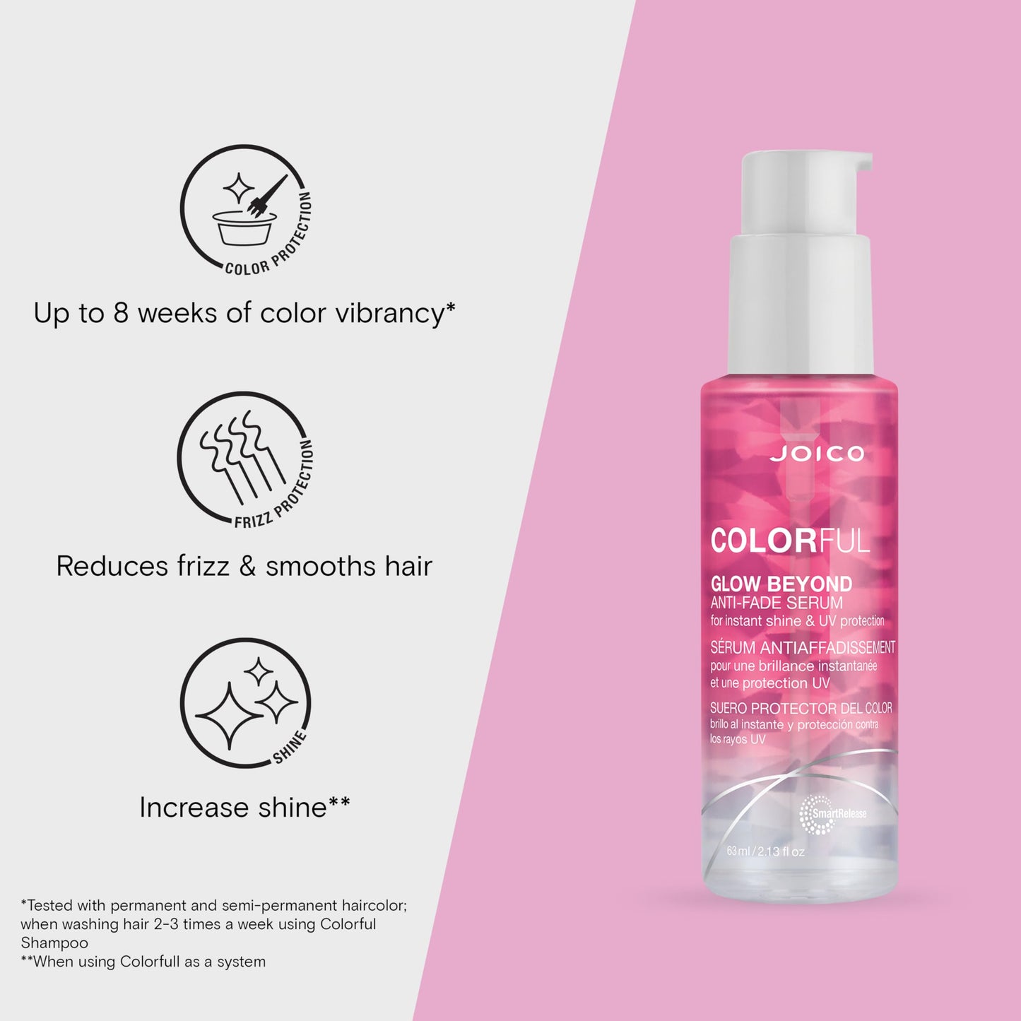 Joico Colorful Glow Beyond Anti-Fade Serum | For Color-Treated Hair | Preserve Hair Color | Prevent Fading | Boost Vibrancy & Softness | With Camellia Oil & Pomegranate Fruit Extract | 2.13 Fl Oz