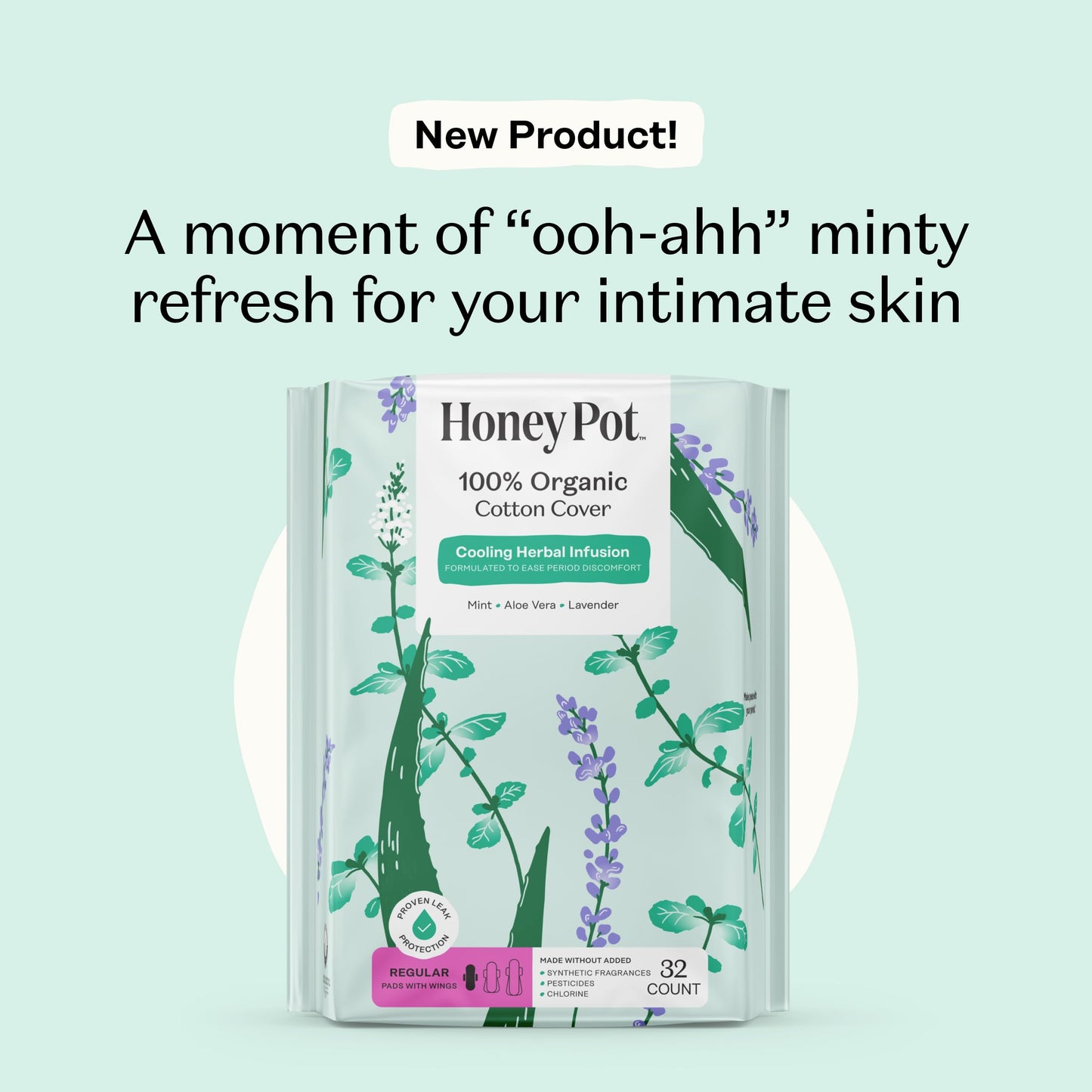Honey Pot - Herbal Sanitary Pads for Women - Regular Flow w/Wings - Infused w/Essential Oils for Cooling Effect & Organic Cotton Cover – Medium Pack - Feminine Care - 32 ct