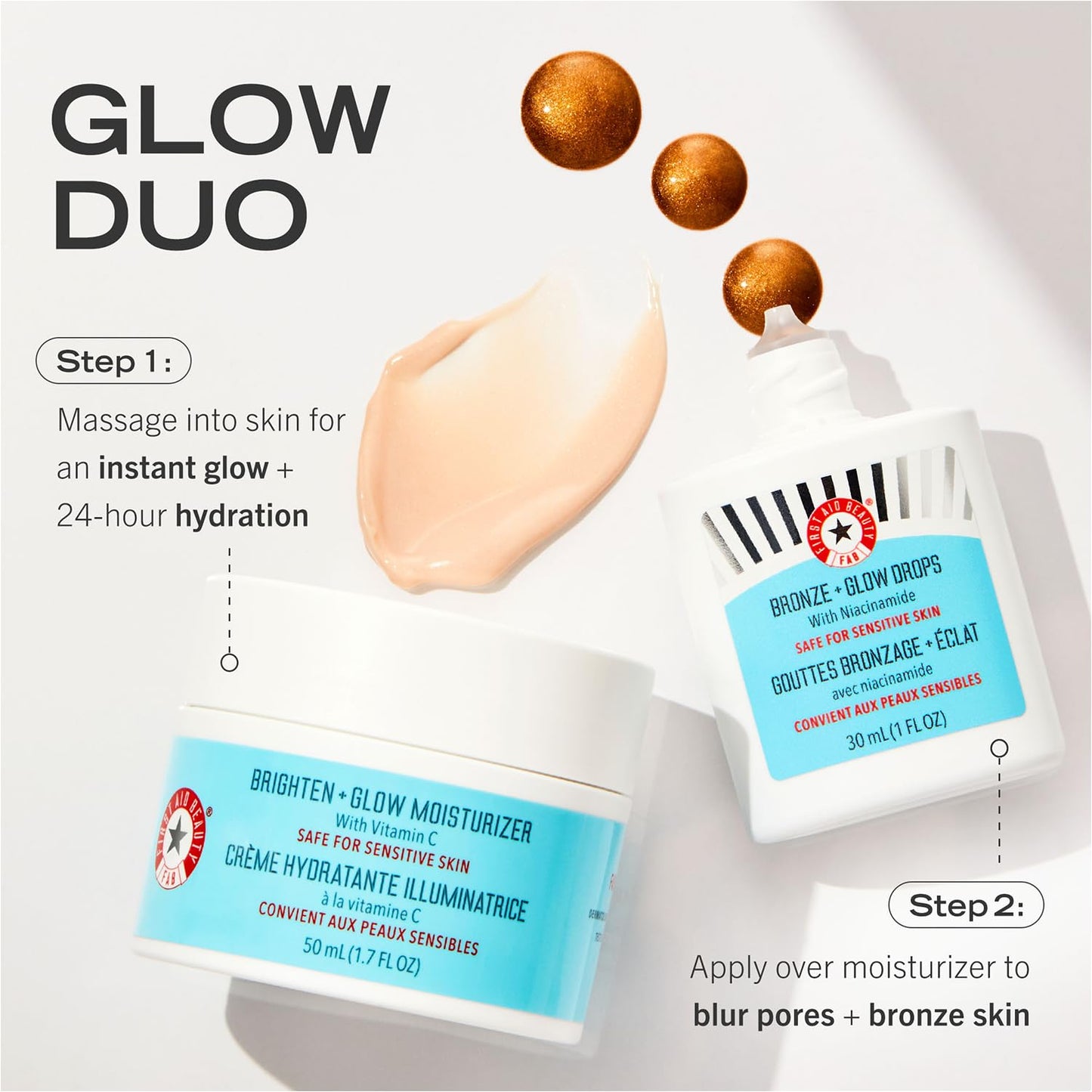 First Aid Beauty - Bronze + Glow Drops with Niacinamide, Visibly Evens Skin Tone, Blurs Pores and Hydrates for 24 hours with a Bronze Kiss of Color, Non-Comedogenic, Safe for Sensitive Skin, 1 oz