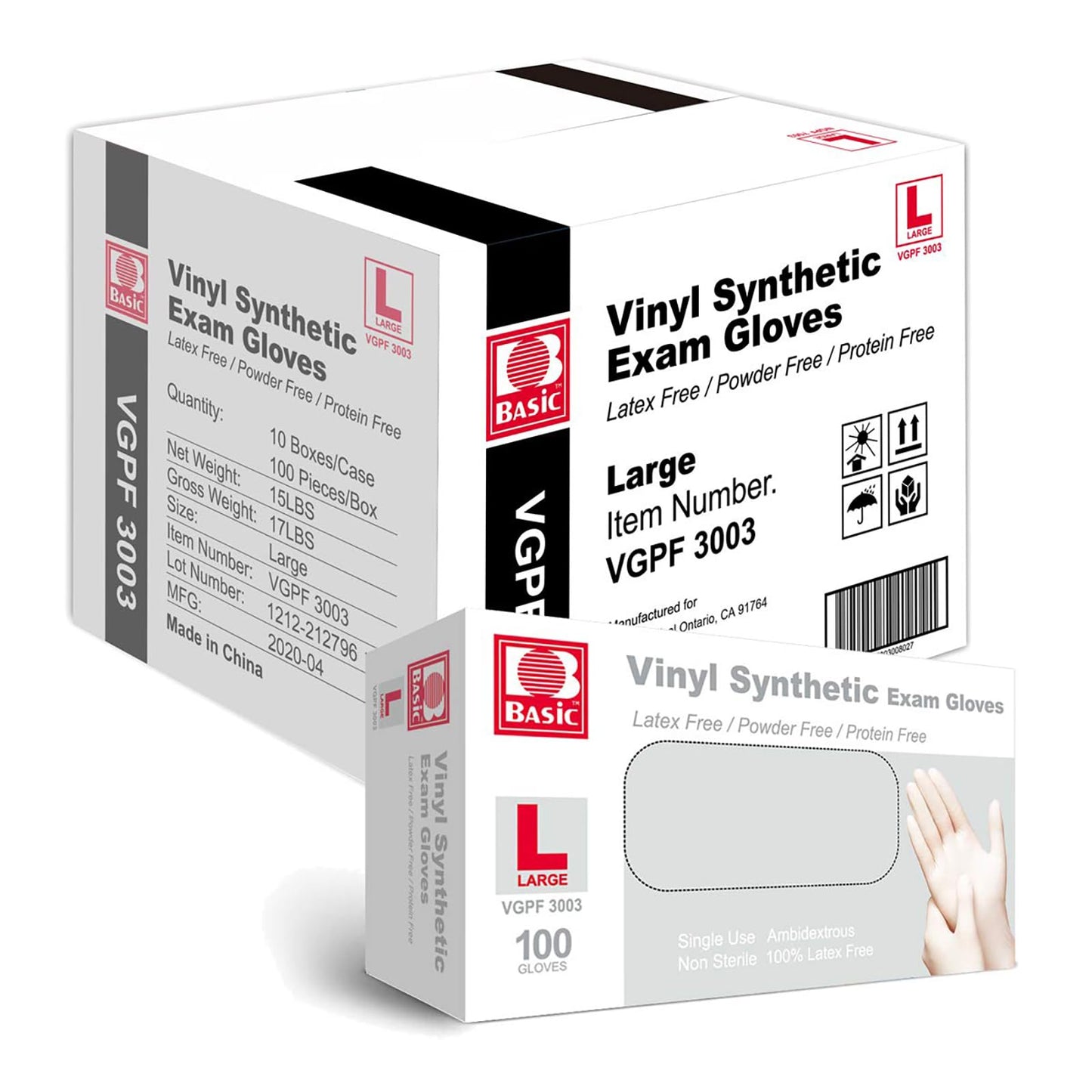 Basic Medical Clear Vinyl Exam Gloves, Latex-Free, Powder-Free, Case of 1,000, Large