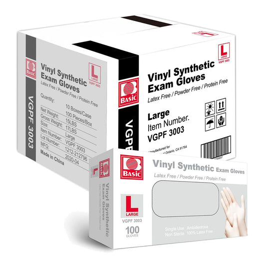 Basic Medical Clear Vinyl Exam Gloves, Latex-Free, Powder-Free, Case of 1,000, Large