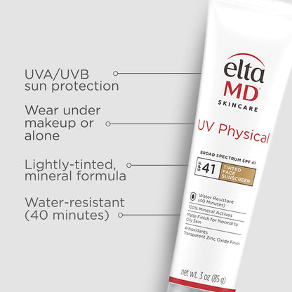 EltaMD UV Physical Tinted Sunscreen for Face, 100% Mineral Active Sunscreen