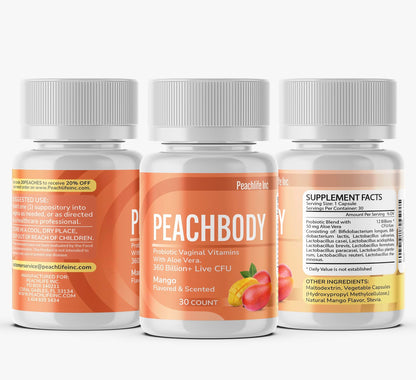 Peachlife Mango Scented & Flavored Probiotic Vaginal Suppositories | 30 Vegetable Capsules with Aloe Vera, Stevia, 11 Strains and 360 Billion+ Live CFU | Made with Natural Extracts Peachbody