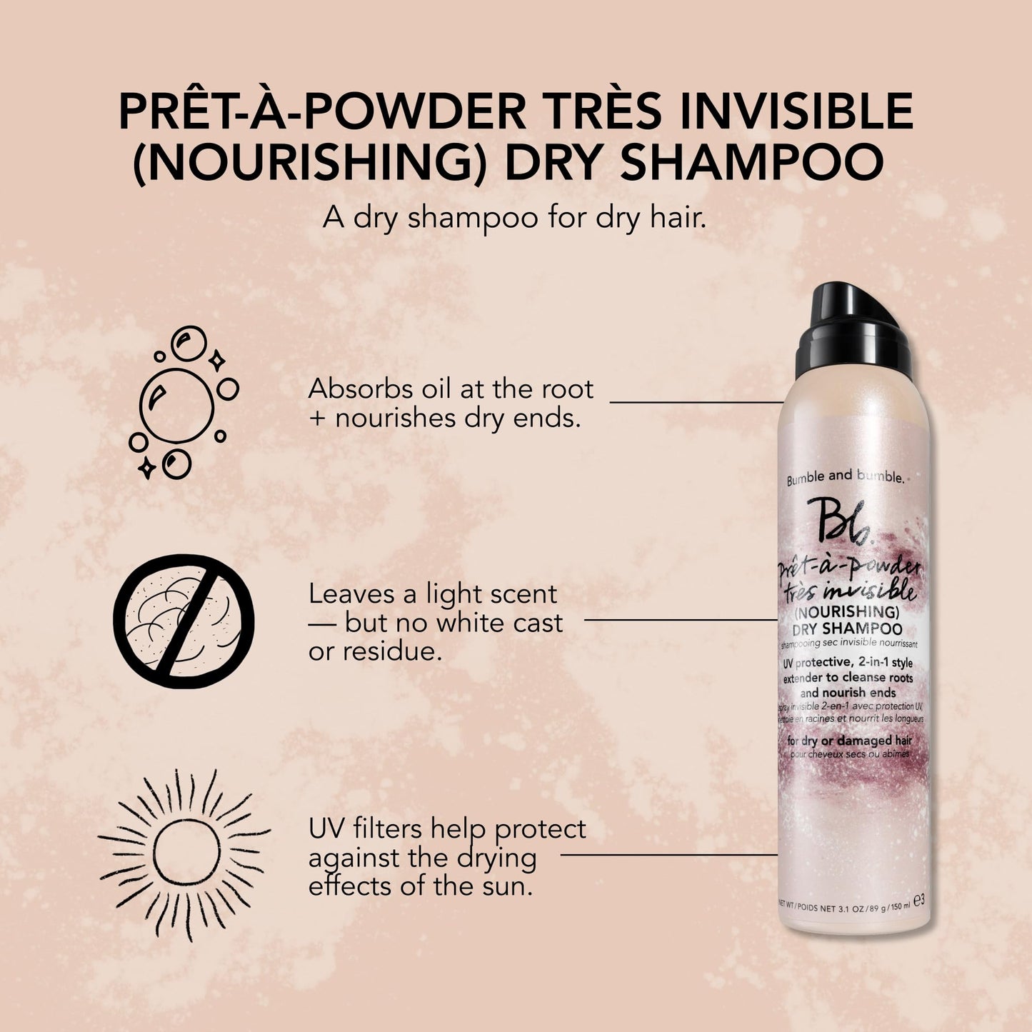 Bumble and bumble. Prêt-à-powder Très Invisible Nourishing Dry Shampoo | Absorbs Oil at the Roots | Nourishes Dry Ends | UV Protection | For Medium to Thick Curly, Wavy, Straight Hair Types, 3.1 Ounce
