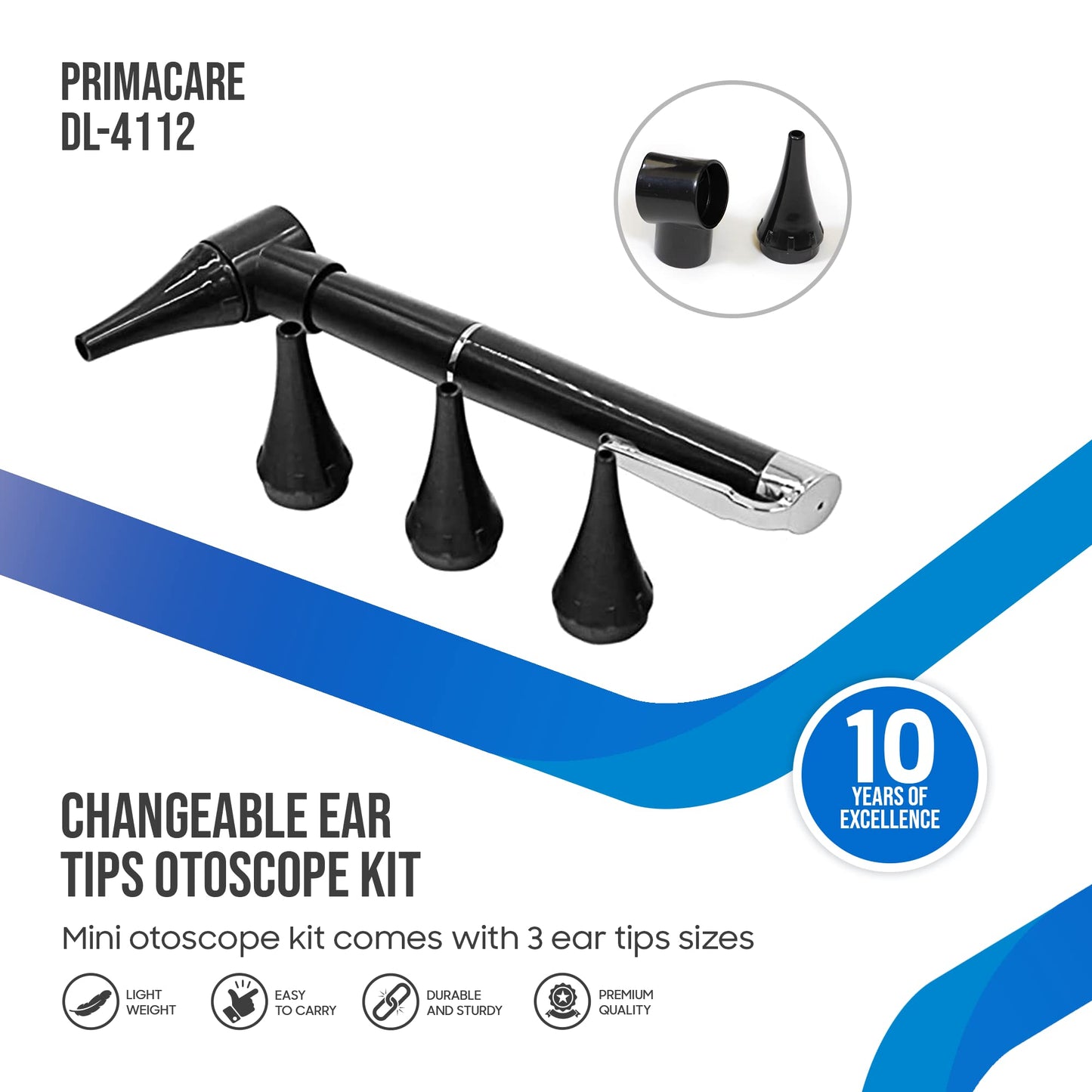 PrimaCare DL-4112 Mini Diagnostic Otoscope Kit with High Resolution LED Ear Light, Medical LED Pocket Clip Otoscope for Nurse, Student, Doctors EMT, 3 Sized Speculas
