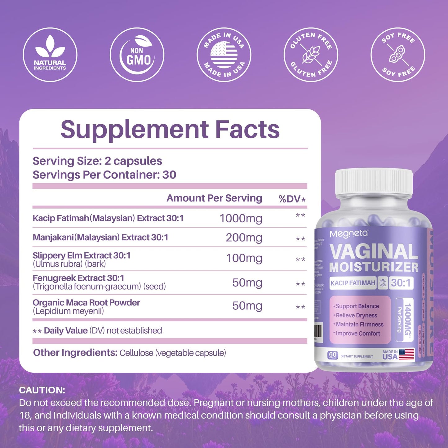 Vaginal Moisturizer, Kacip Fatimah 1,000mg & Manjakni 200mg for Female Intimate Health, Slippery Elm for Women, Vegan, 60 Capsules