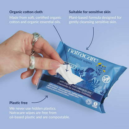 Natracare Organic Cotton Intimate Wipes Infused with Organic Essential Oils of Chamomile, Calendula and French Rose, 12 Wipes per pack (1 Pack, 12 wipes total)