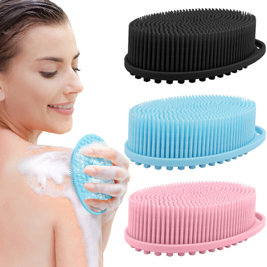 PQRUU 3 Pack Silicone Body Scrubber, Exfoliating Soft Loofah, Scrubber Fit for Sensitive and All Kinds of Skin, Clean Sanitary, Rapid Foaming Black+Blue+Pink