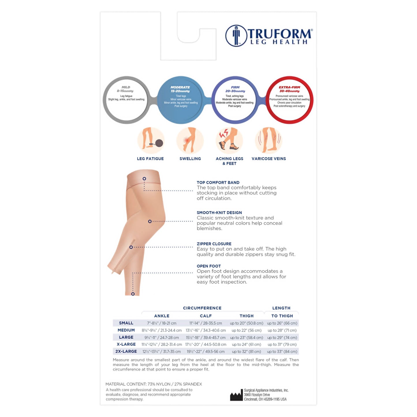 Truform Zipper Compression Stockings, 15-20 mmHg, Medical Thigh Length Leg Sleeve for Women and Men, Footless, Large