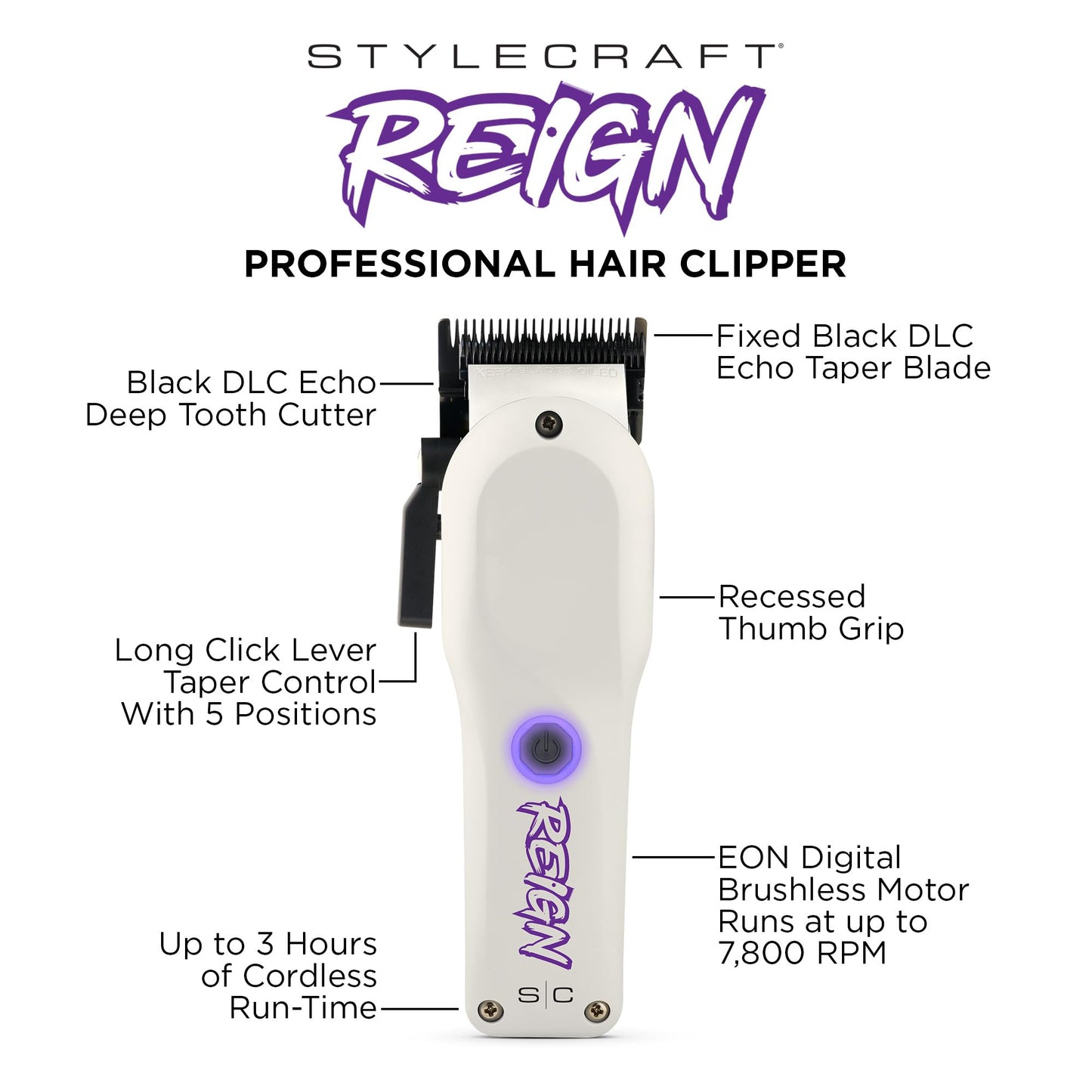 Stylecraft Reign Professional Hair Clipper, Hair Trimmer with Brushless Motor, USB-C Rechargeable, Designed by Barbers for Precision Beard and Hair Grooming