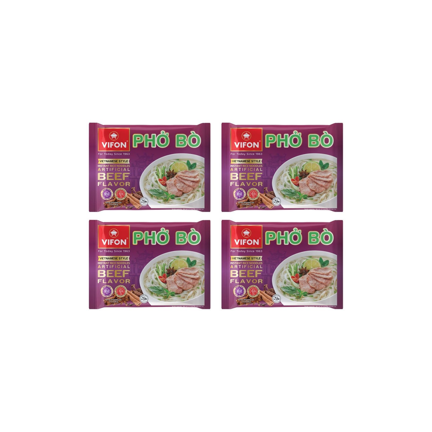 VIFON Phở Bò Vietnamese Style Instant Rice Noodles, 2.11 oz (Pack of 4) | Halal Certified | Authentic Vietnamese Phở | Ready in 3 Minutes
