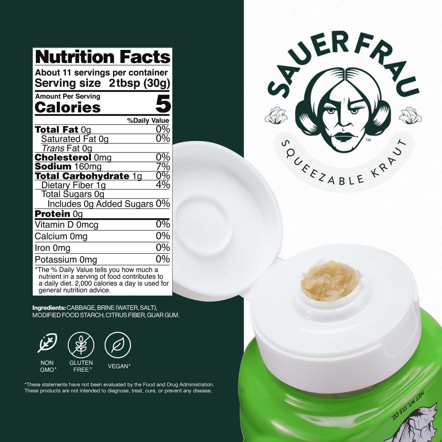 Sauer Frau - Squeezable Sauerkraut - Classic Flavor, Tangy Crisp, Fermented Cabbage, Bold Taste, Easy Squeeze Bottle - 12oz