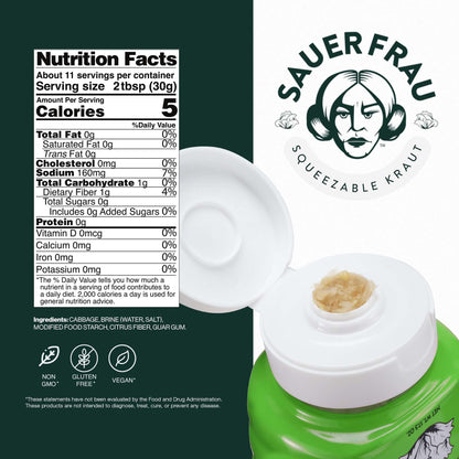 Sauer Frau - Squeezable Sauerkraut - Classic Flavor, Tangy Crisp, Fermented Cabbage, Bold Taste, Easy Squeeze Bottle - 12oz