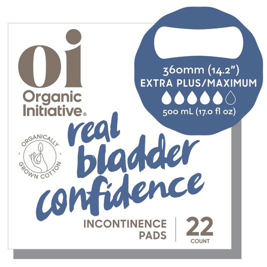 Oi | Organic Initiative Incontinence Pads, Organic Cotton Topsheet, Odor Control, Breathable and Hypoallergenic, Absorbs up to 17 floz, Suitable for Postpartum, Extra Plus/Maximum (14.2") 22 Pads
