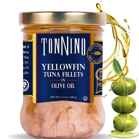Tonnino Yellowfin Tuna Fish Premium - Olive Oil – Pack of 6 – Alternative to Salmon – Protein Snacks – Ready to Eat Meals in Glass Jar