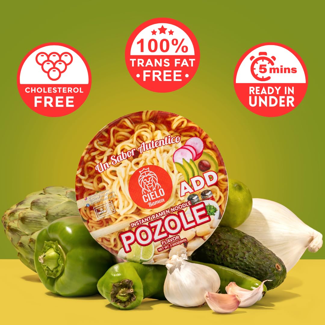 Pozole Instant Ramen Noodle Soup, Authentic Mexican Pozole Sopa, No Trans Fat, 9g Protein, Ready to Eat 3 Minute Meal, 6-Pack of 2.82oz Ramen Bowls