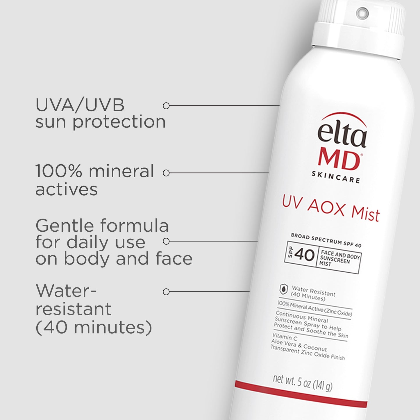 EltaMD UV AOX Mist Mineral Sunscreen Spray, SPF 40 Spray Sunscreen for Face and Body, Zinc Oxide Formula with Antioxidants, 5 oz Bottle (Pack of 2)