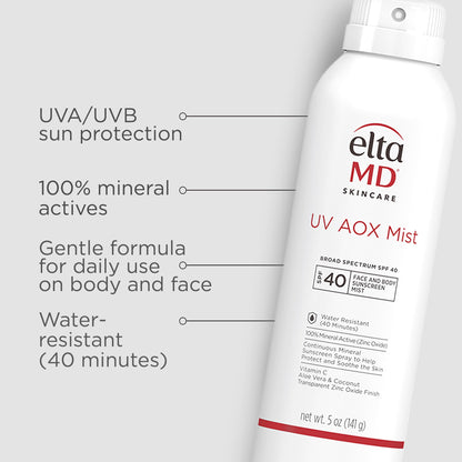 EltaMD UV AOX Mist Mineral Sunscreen Spray, SPF 40 Spray Sunscreen for Face and Body, Zinc Oxide Formula with Antioxidants, 5 oz Bottle (Pack of 2)