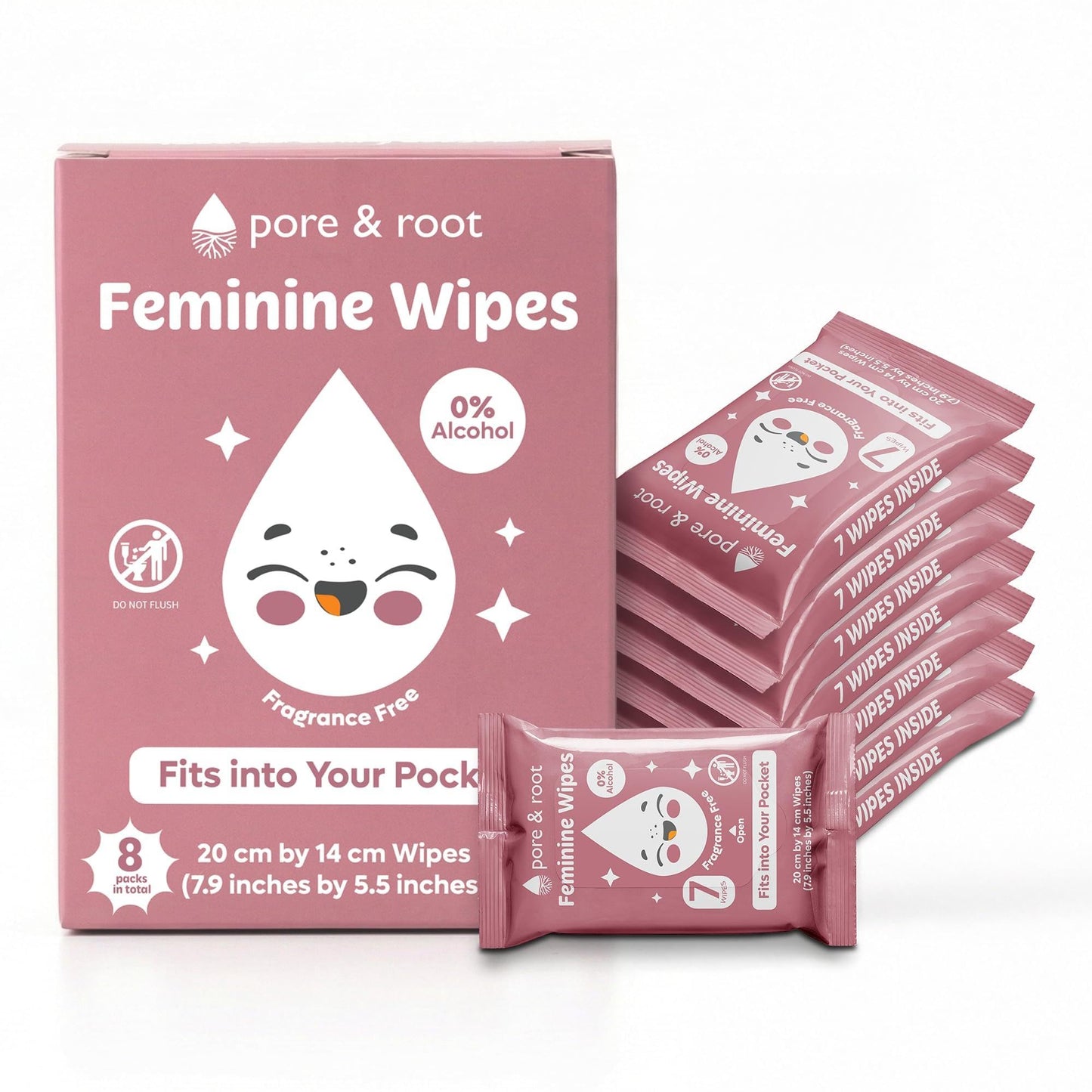 PORE & ROOT Feminine Wipes – Pocket Wipes for Sensitive Skin, Fragrance & Alcohol-Free, Travel-Friendly, Individually Wrapped, with Aloe & Lactic Acid, Gentle Daily Refresh– (08 Pack)