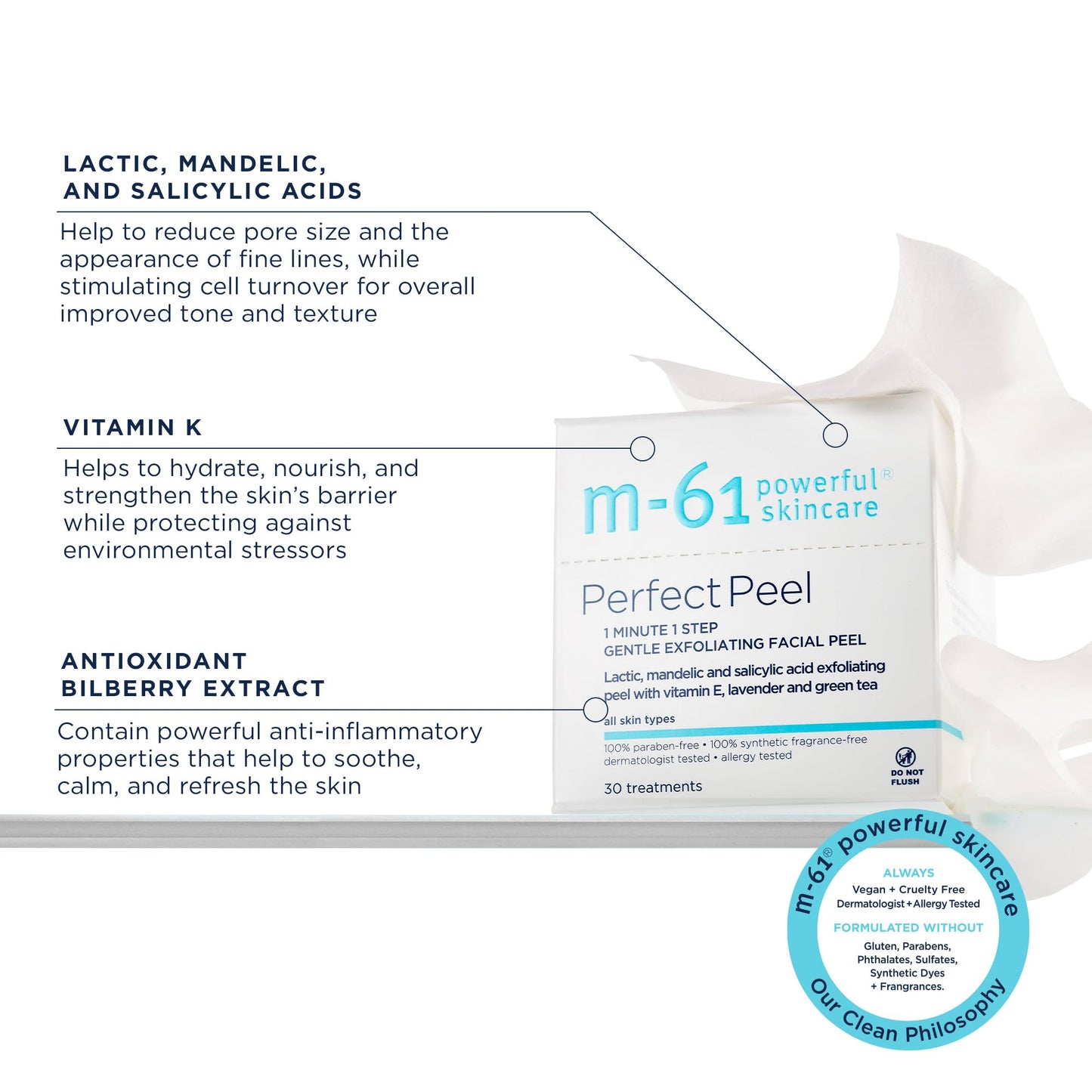 m-61 Perfect Peel | Gentle Exfoliating Facial Peel With Lactic, Mandelic, Salicylic Acid. For Sensitive Skin Or Lighter Daily Exfoliation. 1 Minute, 1 Step