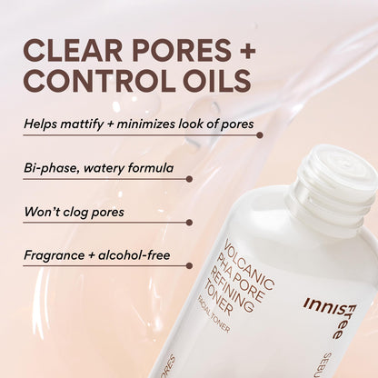 innisfree Volcanic PHA Toner, Korean Skincare with AHA & BHA, Refines Texture, Controls Oil, Exfoliating Face Treatment