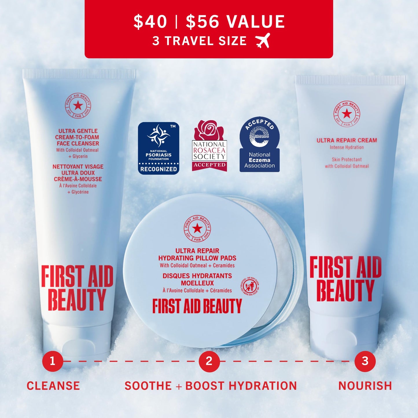 First Aid Beauty Dry Skin Rescue Kit - Hydrating Skincare Routine Set with Face Cleanser, Hydrating Facial Pads & Ultra Repair Cream Face Moisturizer