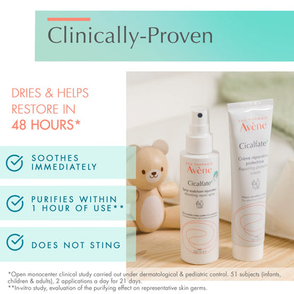Avène Cicalfate+ Absorbing Soothing Spray to dry and restore irritated, sensitive skin, helps restore skin barrier, safe for infants, children and adults
