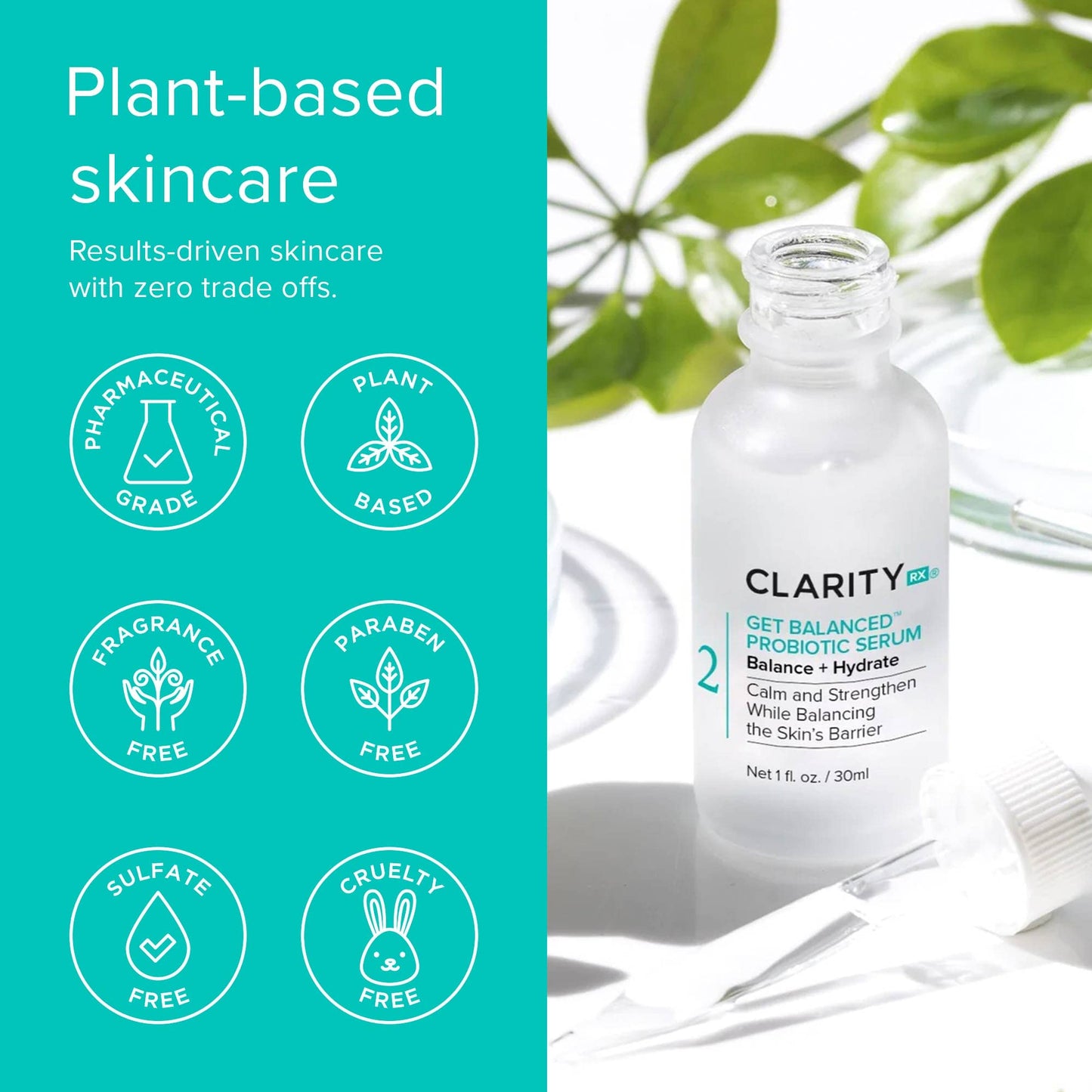 ClarityRx Get Balanced Probiotic Hydrating Face Serum, Natural Plant-Based Skin-Balancing Treatment with Hyaluronic Acid & Antioxidants for Normal & Aging Skin