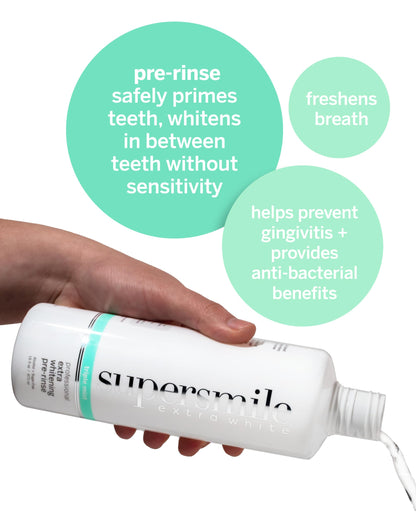Supersmile Frosted Premium Self-Care Kit – Extra Whitening Pre-Rinse 16 Fl Oz, Professional Zina Water Flosser & Smile Book – Whitens Teeth in Hard-to-Reach Places & Supports Gum Health