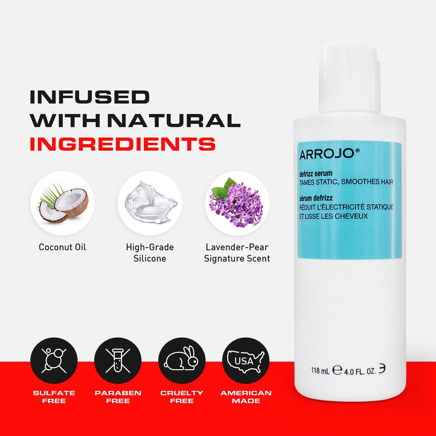 Arrojo Defrizz Serum, 4oz – Sulfate & Paraben-Free Hair Serum for Frizzy and Damaged Hair for Men & Women – Lavender-Pear Scented