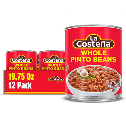 La Costeña Whole Pinto Beans - Ready-to-Eat Canned Pinto Beans for Mexican Food, Vegetarian Chili Ingredients, Bean Dip, Bean Burger, Burrito & Vegan Protein Salad - 19.75 oz, 12 Pack Canned Food