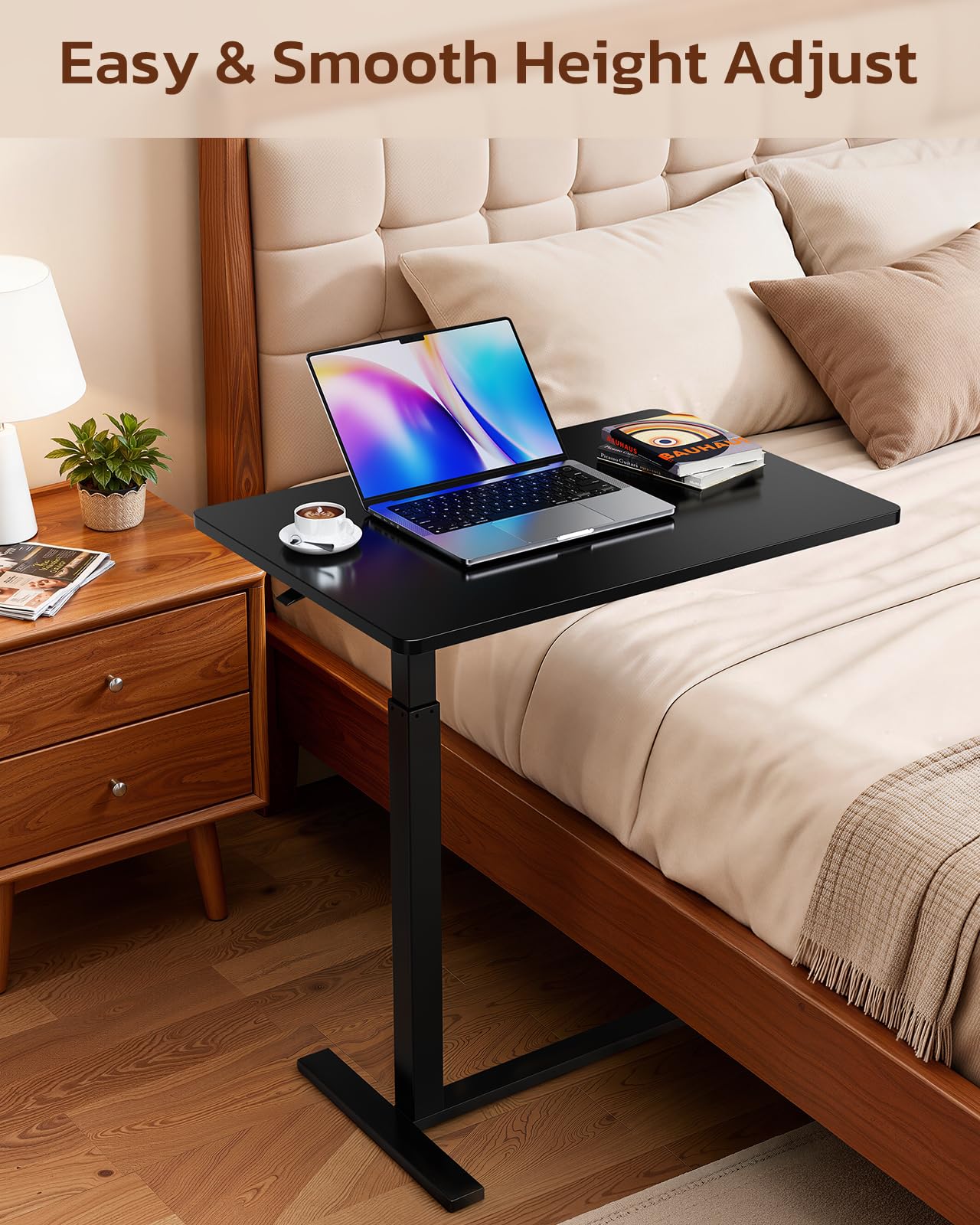 Overbed Bedside Table with Hidden Casters, Adjustable Pneumatic Mobile Laptop Computer Standing Desk, Rolling Laptop Table, Movable Overbed Table Hospital Home Use, Black