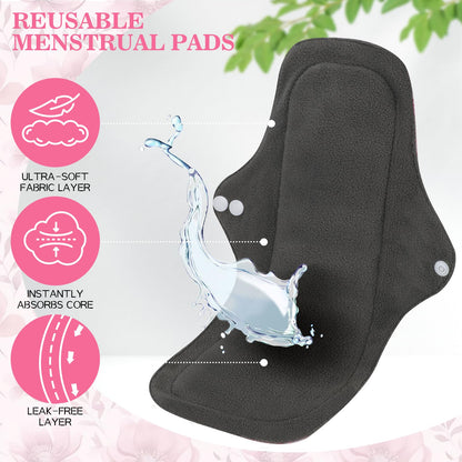PHOGARY 7 Pack Reusable Menstrual Pads Large Sanitary Pads Set for Heavy Flow with 1 Wet Bag, Washable Overnight Cloth Panty Liners with Wings for Women, 33cm