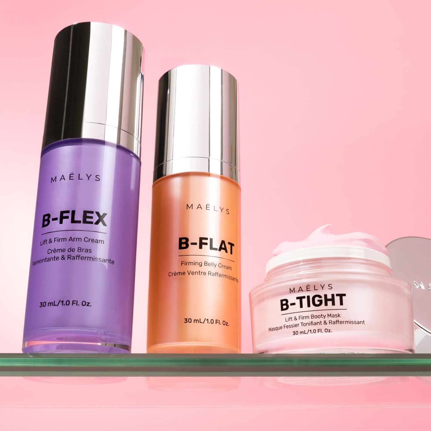 MAËLYS CARRY-ON ESSENTIALS - Firming Cream Trio for Booty, Belly & Arms - Includes B-TIGHT, B-FLAT & B-FLEX Travel Minis - Helps Improve the look of Stretch Marks & Cellulite (1.0 Fl Oz)