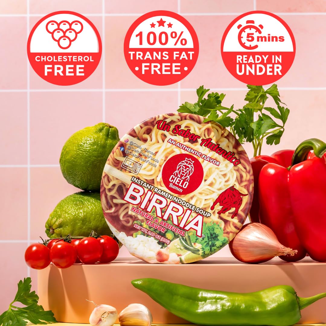 Birria Instant Ramen Noodle Soup, Authentic Mexican BirriaSopa, No Trans Fat, 9g Protein, Ready to Eat 3 Minute Meal, 6-Pack of 2.82oz Spicy Ramen Bowls