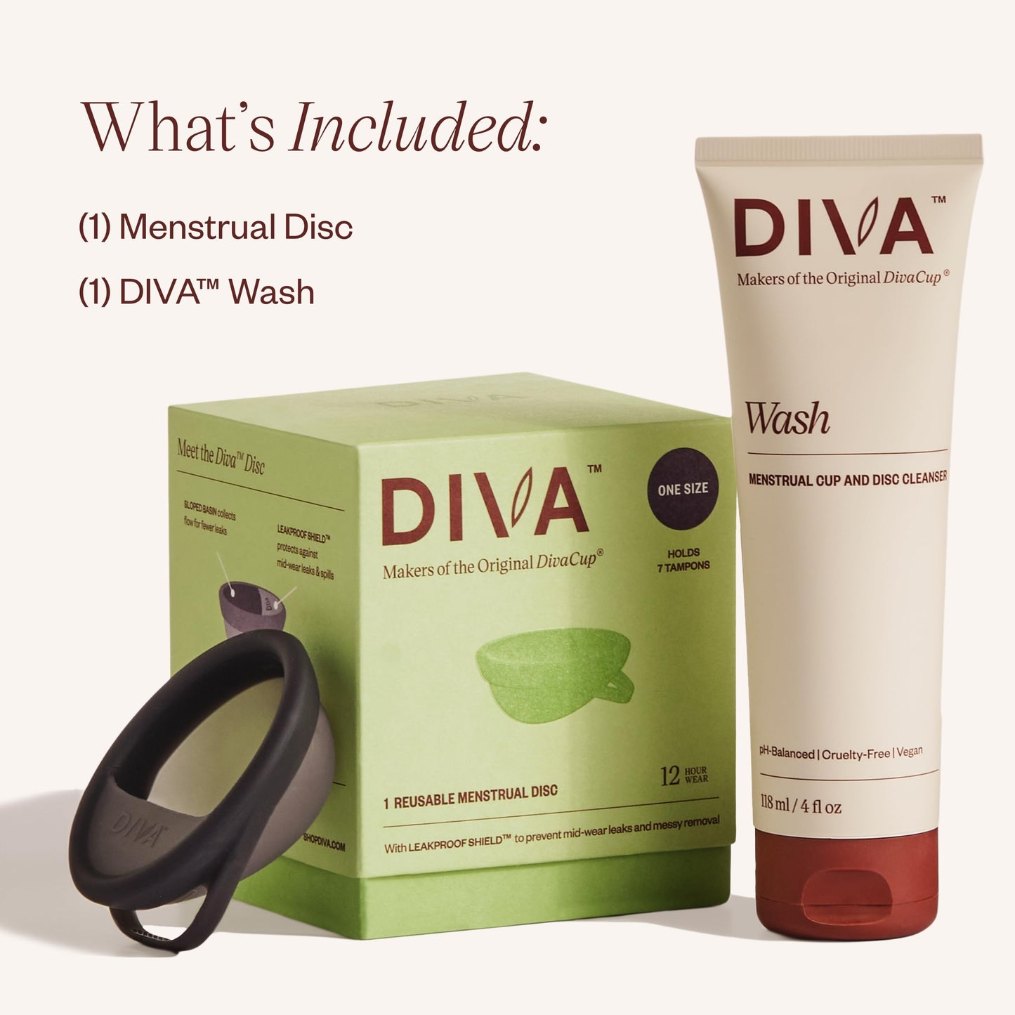 DIVA Disc & DIVA Wash Combo Pack - Comfortable, Reusable Menstrual Disc with Leakproof Shield - Period Disc for Up to 12 Hours of Continuous Wear - Wash for Period Disc - Disc Size Fits Most