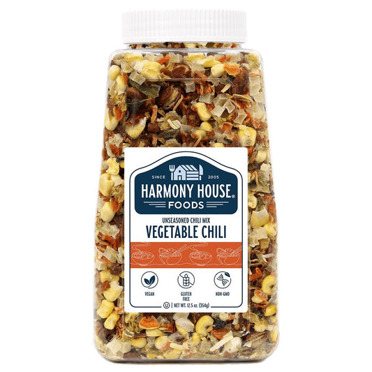 Harmony House Plain Vegetable Chili Mix – Gluten Free, Low Sodium, For Cooking, Camping, Emergency Supply & More (12.5 oz. Jar)