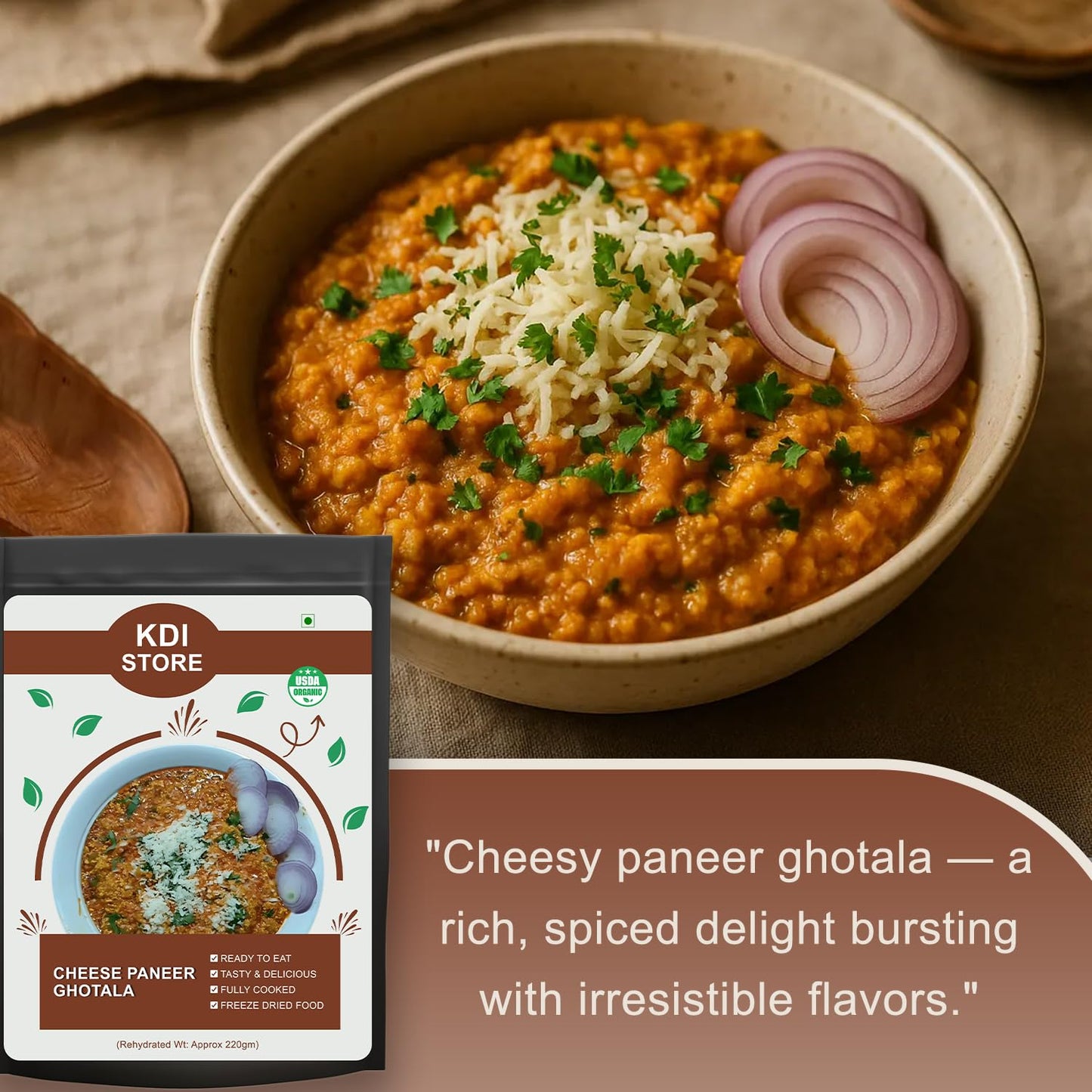 KDI Store Cheese Paneer Ghotala, Ready to Eat Indian Curry, USDA Organic, Freeze Dried Food, Fully Cooked, 60g