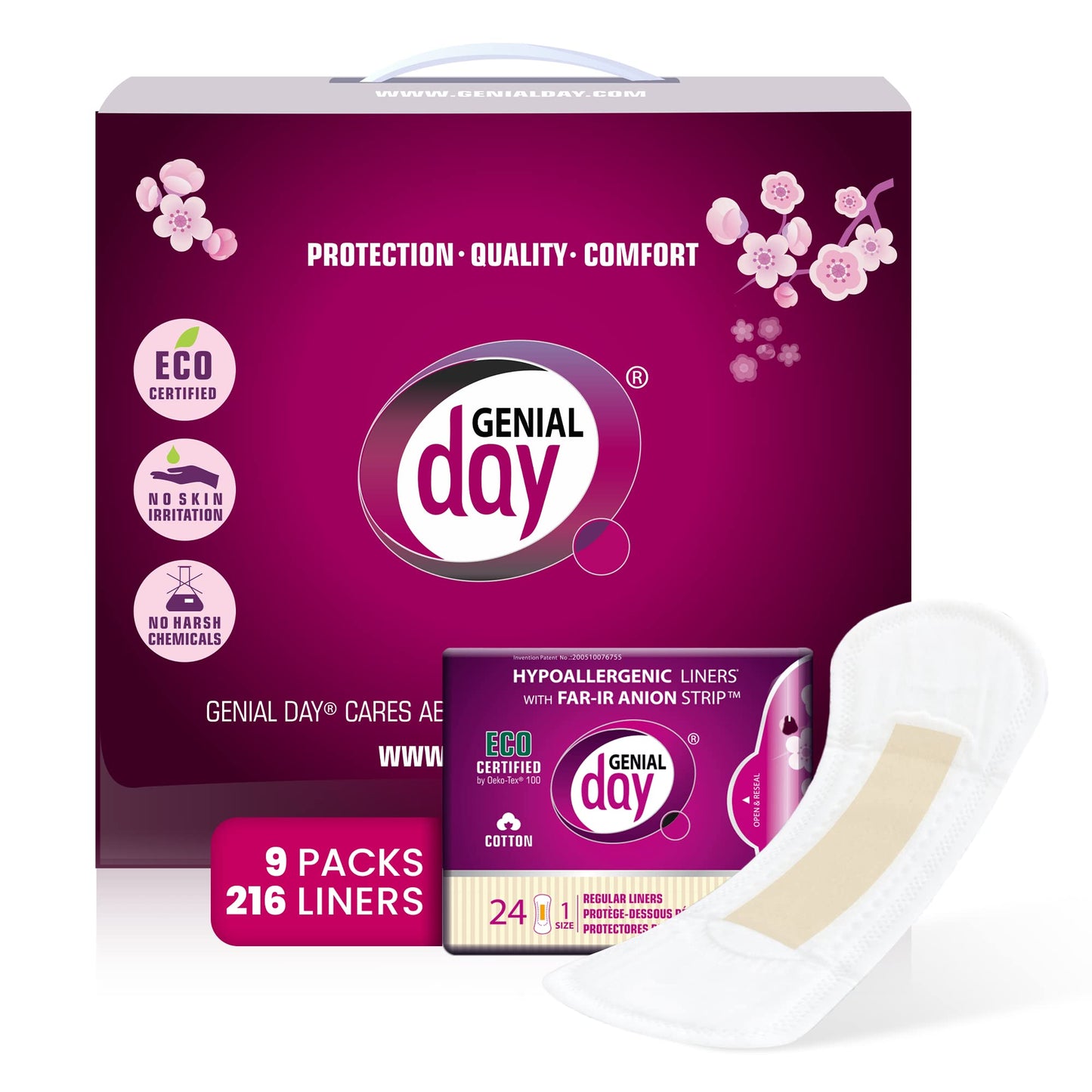 Genial Day - Cotton Panty Liners, Vegan & Non-Toxic Liners, for Women with Far-IR Anion Strip, Soft & Breathable, 6.1 Inches Long (Regular), 216 Liners, 9 Packs X 24