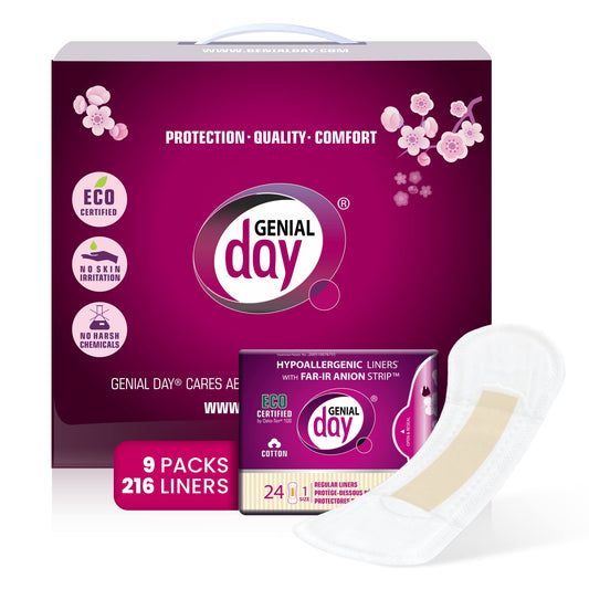 Genial Day - Cotton Panty Liners, Vegan & Non-Toxic Liners, for Women with Far-IR Anion Strip, Soft & Breathable, 6.1 Inches Long (Regular), 216 Liners, 9 Packs X 24