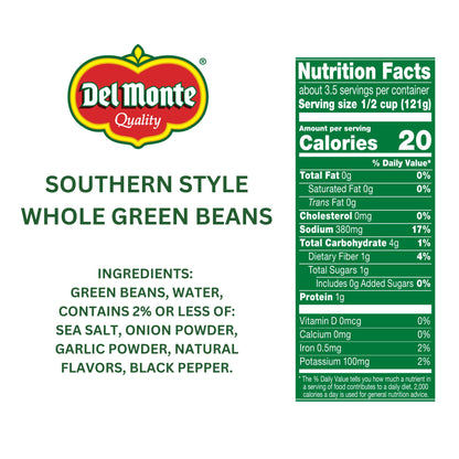 Del Monte Southern Style Whole Green Beans, 14.5 oz. Can (Pack of 12) Spicy & Smoky Flavors, Ready to Eat Side Dish