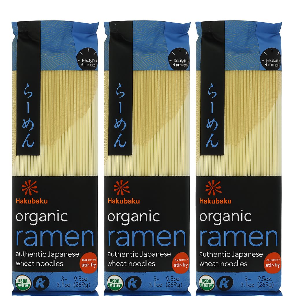 Hakubaku Organic Ramen Noodles – Authentic Japanese Wheat Noodles, USDA Organic, 9.5 oz (3-Pack), Great for Stir-Fry or Soup, Non-GMO, Kosher