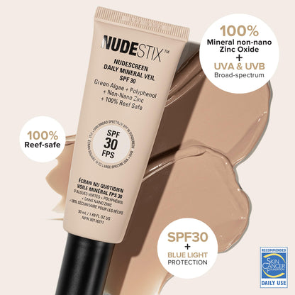 Nudestix Nudescreen Daily Mineral Veil SPF 30 – Lightweight Tinted Mineral Sunscreen with Zinc Oxide for UVA/UVB & Blue Light Protection