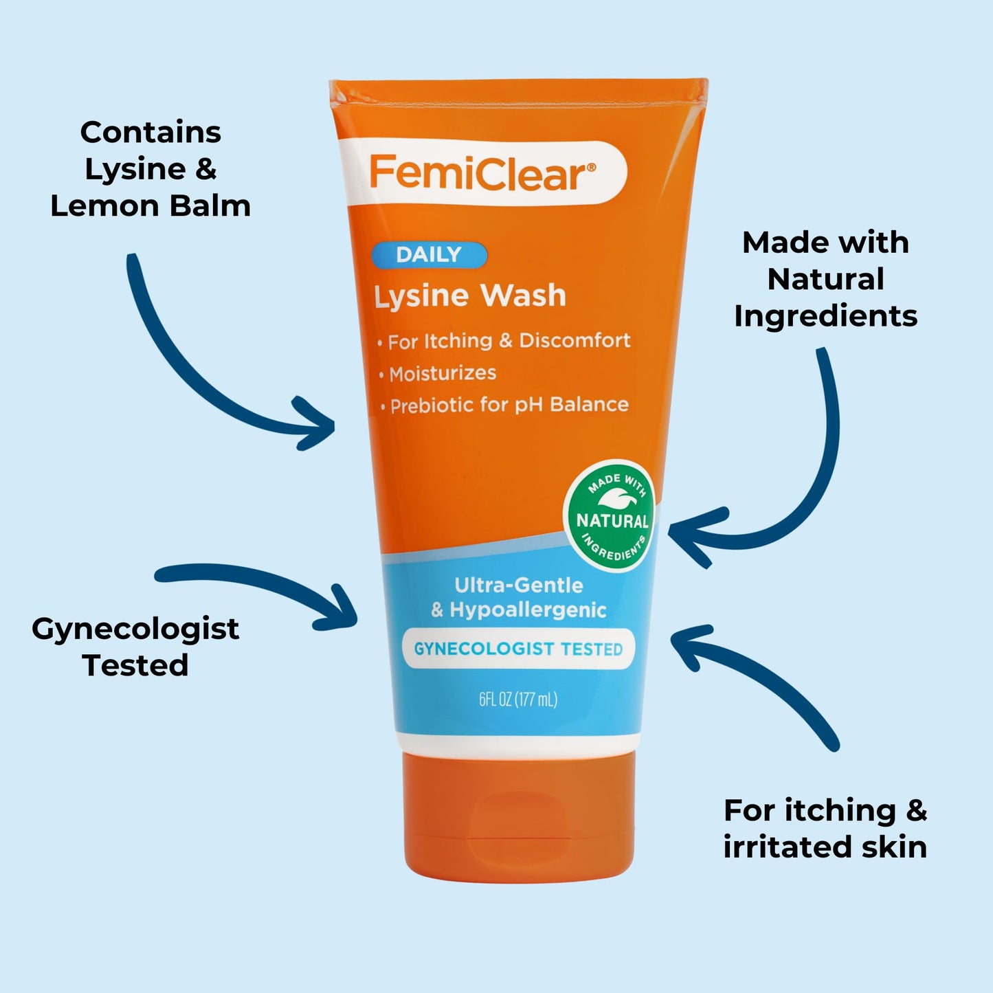 FemiClear® Ultra-Gentle Feminine Wash – Made with Lysine & Lemon Balm for Feminine Hygiene, Essentials for Vaginal Health (6FL oz)