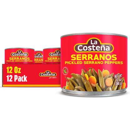 La Costeña Whole Serrano Pepper & Sliced Carrots - Spicy Green Chiles for Mexican Food, Pico de Gallo, Taco Seasoning, Salsa Verde & Guacamole - Hot Pickled Vegetables - 12oz, 12 Pack Cans