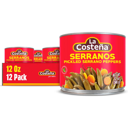La Costeña Whole Serrano Pepper & Sliced Carrots - Spicy Green Chiles for Mexican Food, Pico de Gallo, Taco Seasoning, Salsa Verde & Guacamole - Hot Pickled Vegetables - 12oz, 12 Pack Cans
