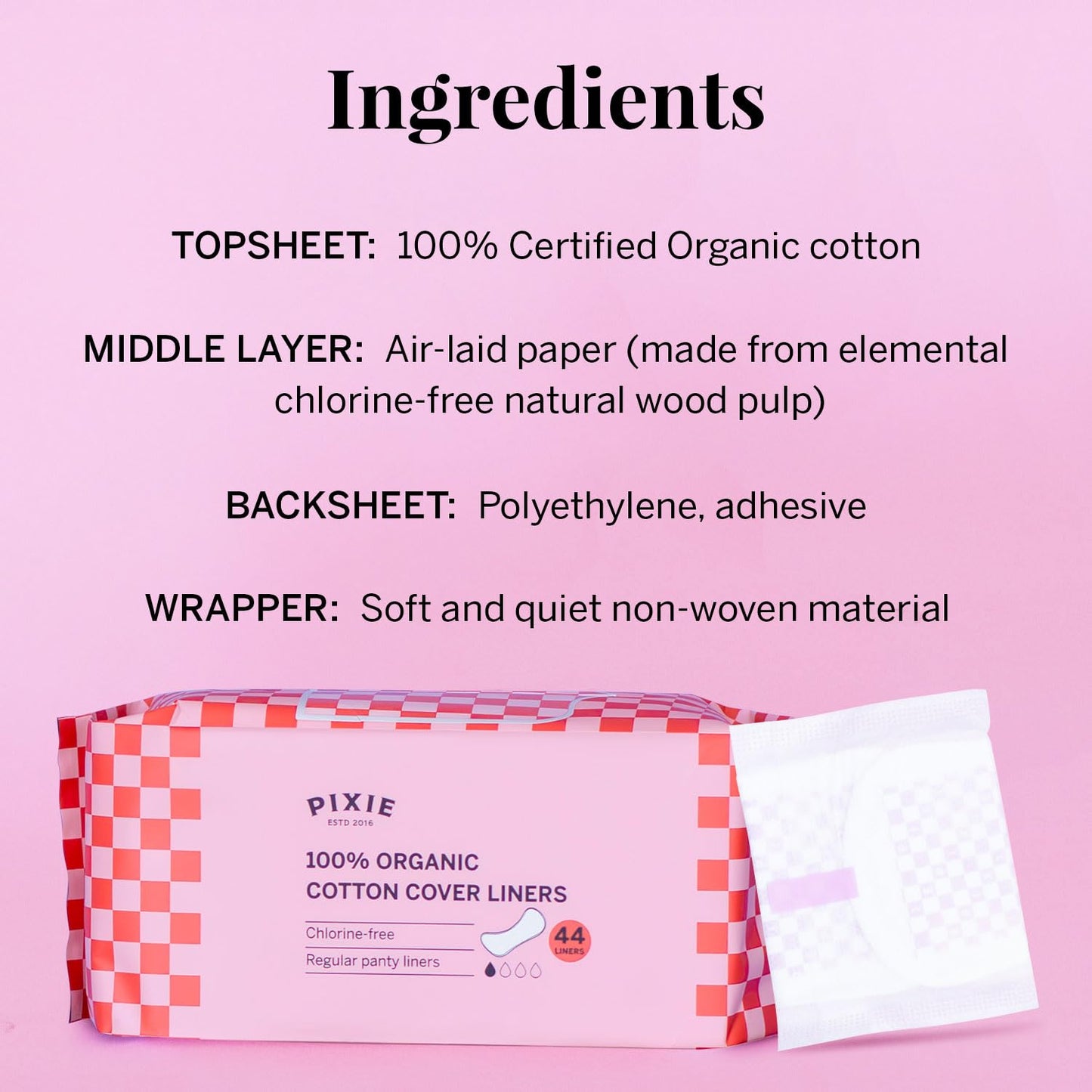 Pixie Organic Cotton Panty Liners for Women - Regular Wrapped Pantiliners - Light Absorbency & Ultra-Thin - Leak-Proof, Hypoallergenic & Unscented for Feminine Care - Compostable - 44 Count