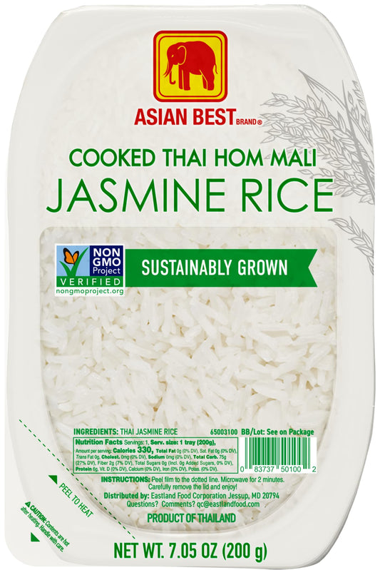 Asian Best Ready to Eat Cooked Thai Hom Mali Jasmine Rice, 12 Packs x 200g